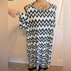 Messini chevron print cold shoulder midi Summer aqua navy blue white dress L